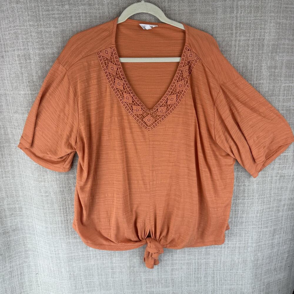 Coral Bay Blouse Womens 2X Orange Kimono V-Neck Crochet Tie Short Sleeve Casual
